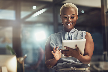 Image showing Smile, tablet and search with black woman in office for technology, corporate and communication. Social media, connection and internet with female and online for networking, email and website