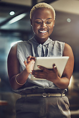 Image showing Business, tablet and smile with black woman in office for technology, corporate or communication. Social media, connection and internet with female and search online for networking, email and website