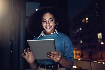 Image showing Happy, tablet and night with woman in city for technology, corporate and communication. Social media, connection and internet with business female and search online for networking, email and website