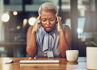 Image showing Mental health, stress headache and black woman with burnout from overtime office work. Night fatigue, migraine and frustrated business person, sad consultant or agent with depression, pain or problem