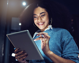 Image showing Business, smile and night with woman and tablet for technology, corporate and communication. Social media, connection and internet with female and search online for networking, email and website