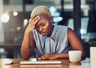 Image showing Mental health, office and black woman with night stress, depression or burnout from overtime work. Tired, migraine and frustrated business person, sad consultant or depressed agent with pain problem