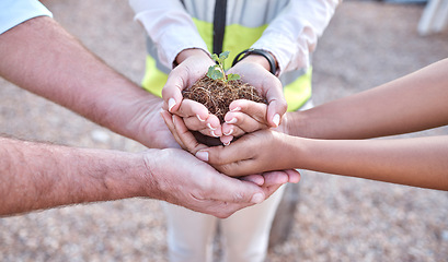 Image showing Plants, group and people hands for outdoor gardening, agriculture and business growth collaboration in teamwork. Palm, sapling soil and women and man with sustainable, agro and climate change project