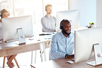 Image showing Call center, computer and consulting with black man in office for customer service, technical support and advice. Technology, contact us and communication with employee operator in help desk agency