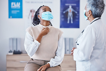 Image showing Consultation, doctor and patient with face mask, throat pain and covid healthcare advice at clinic. Black woman consulting medical professional, health care check and faq, info and help at hospital.