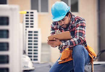 Image showing Engineer, roof and checklist for air conditioning maintenance, safety and inspection for quality assurance. Black man, aircon and clipboard for writing report, focus and document for hvac engineering