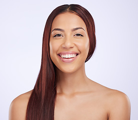 Image showing Hair care, beauty and portrait of woman with smile, straight hairstyle and luxury salon treatment on white background. Haircare, haircut and happiness, happy face of Brazilian model in studio mockup.