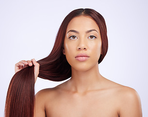 Image showing Portrait of woman holding hair, serious beauty and care for straight hairstyle and luxury salon shine on white background. Haircare, haircut and face of Brazilian model with hands on studio backdrop.