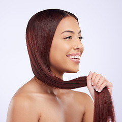 Image showing Hair care, beauty and girl with smile, straight hairstyle and luxury salon treatment isolated on white background. Haircare, haircut and happiness, Brazilian woman with happy face in studio mockup.