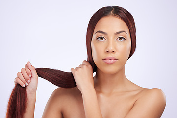 Image showing Hair care, beauty and portrait of girl with strong hairstyle, luxury salon treatment and color isolated on white background. Haircare, haircut and mockup, Brazilian model with face in studio backdrop