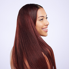Image showing Hair care, beauty and profile of happy woman with healthy hairstyle, luxury salon treatment and color on white background. Haircare, haircut and Brazilian model with smile on face in studio backdrop.