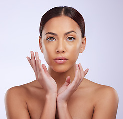 Image showing Beauty, natural and portrait of woman in studio for skincare, cosmetics and dermatology mockup. Makeup, spa and glow with female model isolated on white background for self care, facial and treatment