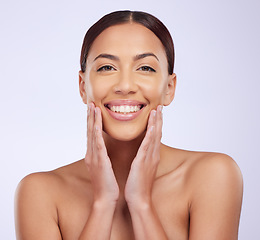 Image showing Woman portrait, natural beauty and skincare in a studio with happiness and smile from dermatology. Skin glow, facial and cosmetics of a female model feeling happy from self care and face wellness