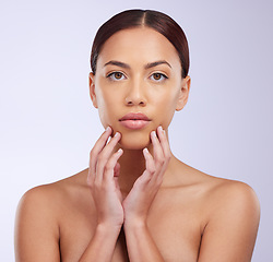 Image showing Touch, skincare and portrait of woman in studio for natural, cosmetics and dermatology mockup. Makeup, spa and glow with female model isolated on white background for self care, facial and treatment