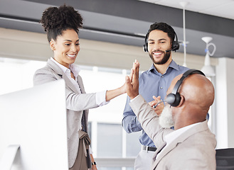 Image showing Business people, call center and high five for partnership, success or winning in teamwork at office. Group of employee consultants or agents touching hands in celebration for team win at workplace