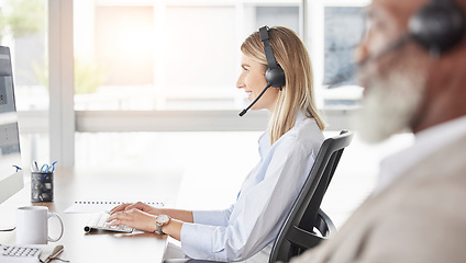 Image showing Business woman, call center and consulting on computer for customer service, support or telemarketing at the office. Happy and friendly female consultant agent working on PC for online advice or help