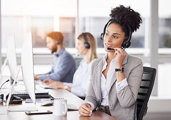 Image showing Call center, customer support and woman consultant working on online consultation in the office. Crm, business and professional African female telemarketing or sales agent with headset in workplace.