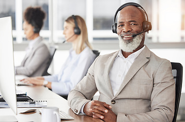 Image showing Businessman, call center and portrait smile with headphones for customer service, support or telemarketing at office. Happy senior black man consultant or agent working with headset for online advice