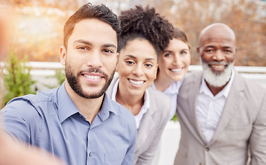 Image showing Business, team and selfie outside with smile, pride and happiness working together with diversity. Success, happy face of employees taking outdoor group picture to celebrate achievement or goals.