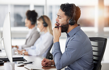 Image showing Tired, yawn and man call center agent doing an online consultation on a computer in the office. Burnout, customer service and bored male telemarketing consultant working on crm strategy in workplace.