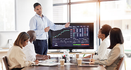 Image showing Business people, coach and stock market presentation in meeting for trading, graph and chart monitoring at office. Businessman coaching or training staff in finance, cryptocurrency or investments