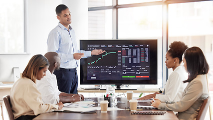 Image showing Business people, stock market dashboard on screen and coach for trading, finance presentation and graphs. Data analytics, investment information and coaching in team meeting with fintech and crypto