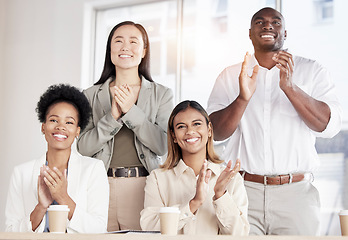 Image showing Business people, startup office and applause for celebration, award and together with diversity in team. Black man, women and teamwork with success, event and crowd with goals, mission or achievement