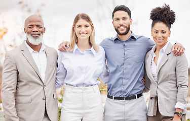 Image showing Business team, portrait and outdoor with diversity for collaboration and corporate success. professional men and women group in a happy huddle for teamwork, support and goals or motivation in a city