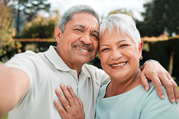 Image showing Happy senior couple, selfie and portrait in park, garden and nature of love, care and happiness. Man, woman and taking photograph with life partner, relax and support of retirement, marriage or smile