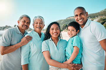 Image showing Family, happy and portrait outdoor with a child, parents and grandparents with a smile, love and care. Men, women and boy kid on vacation or holiday in summer for quality time and travel adventure