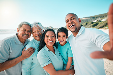 Image showing Family, outdoor and beach selfie on summer vacation with child, parents and grandparents. Men, women and boy kid portrait together in nature for travel, adventure and holiday with love and care