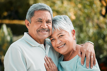 Image showing Senior couple, portrait and hug in park, garden and nature for love, care and happiness in summer. Happy man, elderly woman and retirement of marriage partner, relax and smile of quality time outdoor