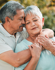 Image showing Couple, retirement and hug in park, relax and love for care, peace and calm relationship in nature. Man, woman and senior life partner for support in marriage, romance and happy quality time together