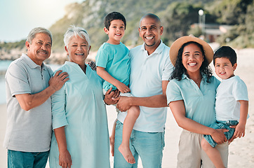 Image showing Family, parents and grandparents portrait at beach and children with a smile, happiness and care together. Happy boy kids, men and women on holiday, adventure or vacation outdoor for summer travel