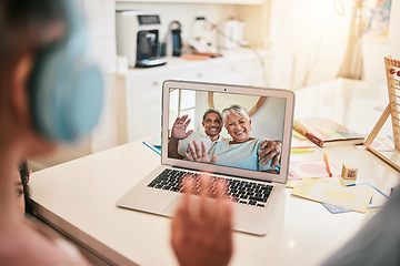 Image showing Video call, laptop screen and family wave hello for virtual communication of grandparents, mother and child at home. International, online discussion and happy, senior biracial people talking