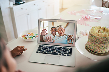 Image showing Video call, laptop and family with birthday cake, wave hello and virtual celebration, party and happy child talk at home. Biracial grandparents or people celebrate on computer screen for online chat