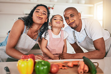 Image showing Food, vegetables and portrait of girl with parents together for learning, child development and bonding in kitchen. Family, cooking and playful mom, dad and funny kid prep for meal, lunch or dinner