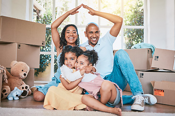 Image showing Roof, new home portrait and happy family hug, moving boxes into real estate property or relocation house. Safety protection, insurance and parents with kids bonding, relax and embrace in apartment