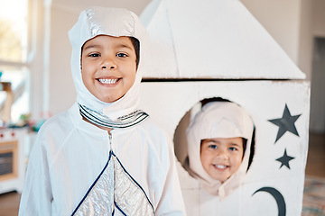 Image showing Astronaut portrait, spaceship and kids happy, creative and playing space travel, home fantasy games or pretend rocket. Explore flight, fun Halloween costume or young children imagine galaxy adventure