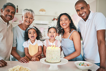 Image showing Happy people at birthday party, family smile in portrait and celebration with cake with generations at home. Celebrate, together with dessert and grandparents with parents and excited children