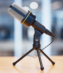 Image showing Music, podcast and radio with microphone in office for live streaming, recording and interview. Technology, network and news with equipment on desk in studio for communication, media and audio