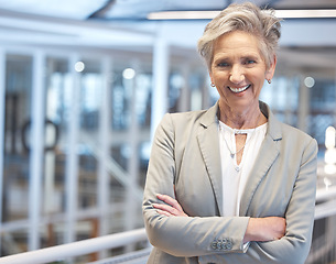 Image showing Portrait, smile and business woman with arms crossed in office with pride for career, job or occupation. Ceo, senior boss or happy, proud or confident entrepreneur, person or professional from Canada