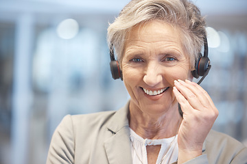 Image showing Portrait, smile and senior woman in call center in office with pride for customer service career. Face, telemarketing and happy, proud and confident sales agent, person or professional from Canada.