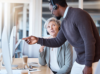 Image showing Call center, black man and coach training employee in customer service or support in office. Manager, telemarketing and person coaching worker or helping senior woman on computer with consulting.