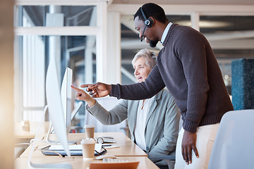 Image showing Call center, black man and coach training worker in customer service or support in office. Manager, telemarketing and happy person coaching employee or help senior woman on computer with consulting