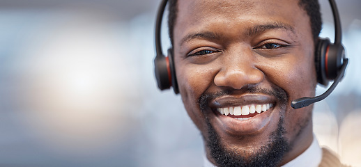 Image showing Call center, smile and face portrait of black man in office with pride for career, job or customer service mockup. Person, telemarketing and happy, proud or confident African sales agent from Nigeria