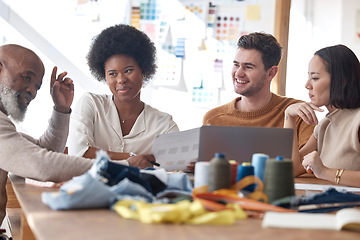 Image showing Fashion, design and leadership, team at workshop with ideas for pattern and textures for clothes. Creative business, clothing brand and teamwork, men and women brainstorming creativity in office.