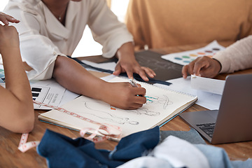 Image showing Fashion, design and sketch, team in meeting with ideas for color and textures for clothes for luxury brand. Creative business planning, designer teamwork and staff brainstorming creativity in office.