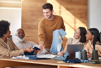 Image showing Fashion, design and ideas, team at workshop for pattern and fabric textures for clothes for luxury brand. Creative business, manufacturing and teamwork, men and women in brainstorming pitch in office