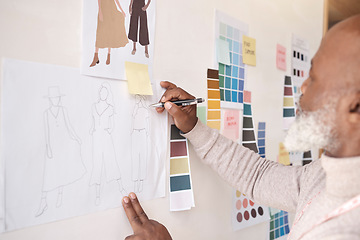 Image showing Creative businessman, drawing and fashion designer for planning, illustration or clothing idea on office wall. Man artist, color palette and production for design, development strategy or startup